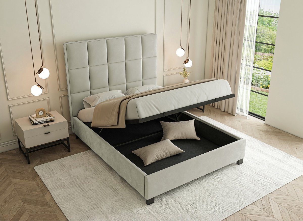 Lit coffre en velours beige design CAROLINE 180 x 200 cm - DécoInParis