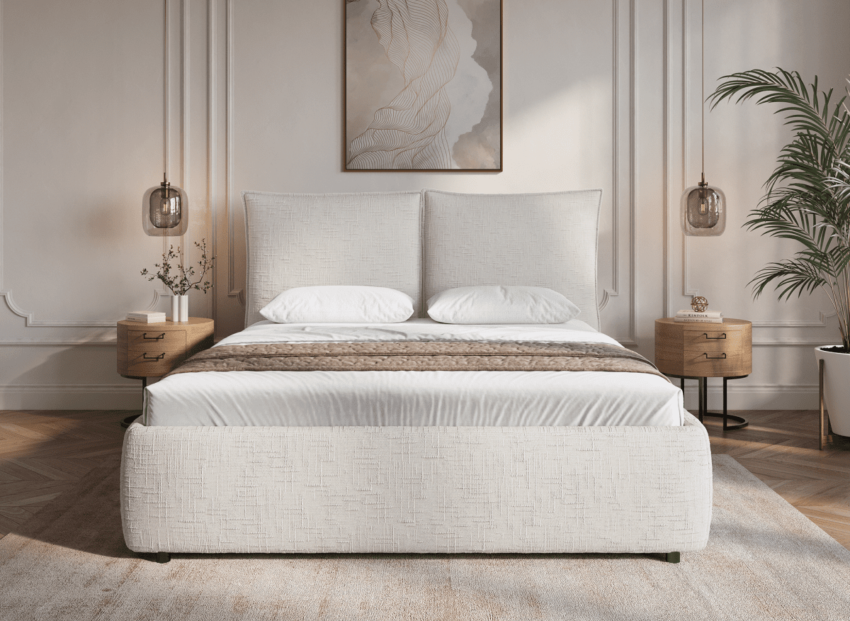 Lit coffre en velours chiné beige 180x200 cm MELY - DécoInParis