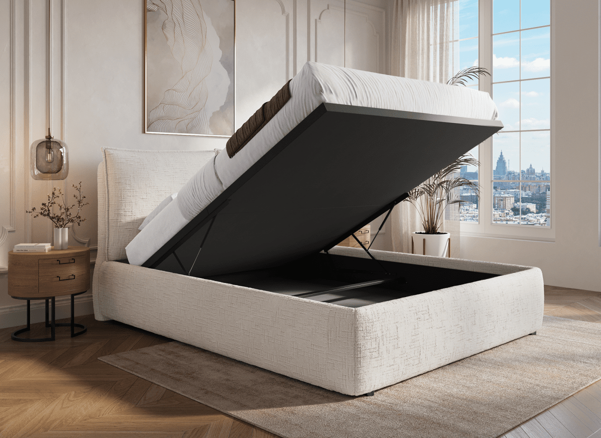 Lit coffre en velours chiné beige 180x200 cm MELY - DécoInParis