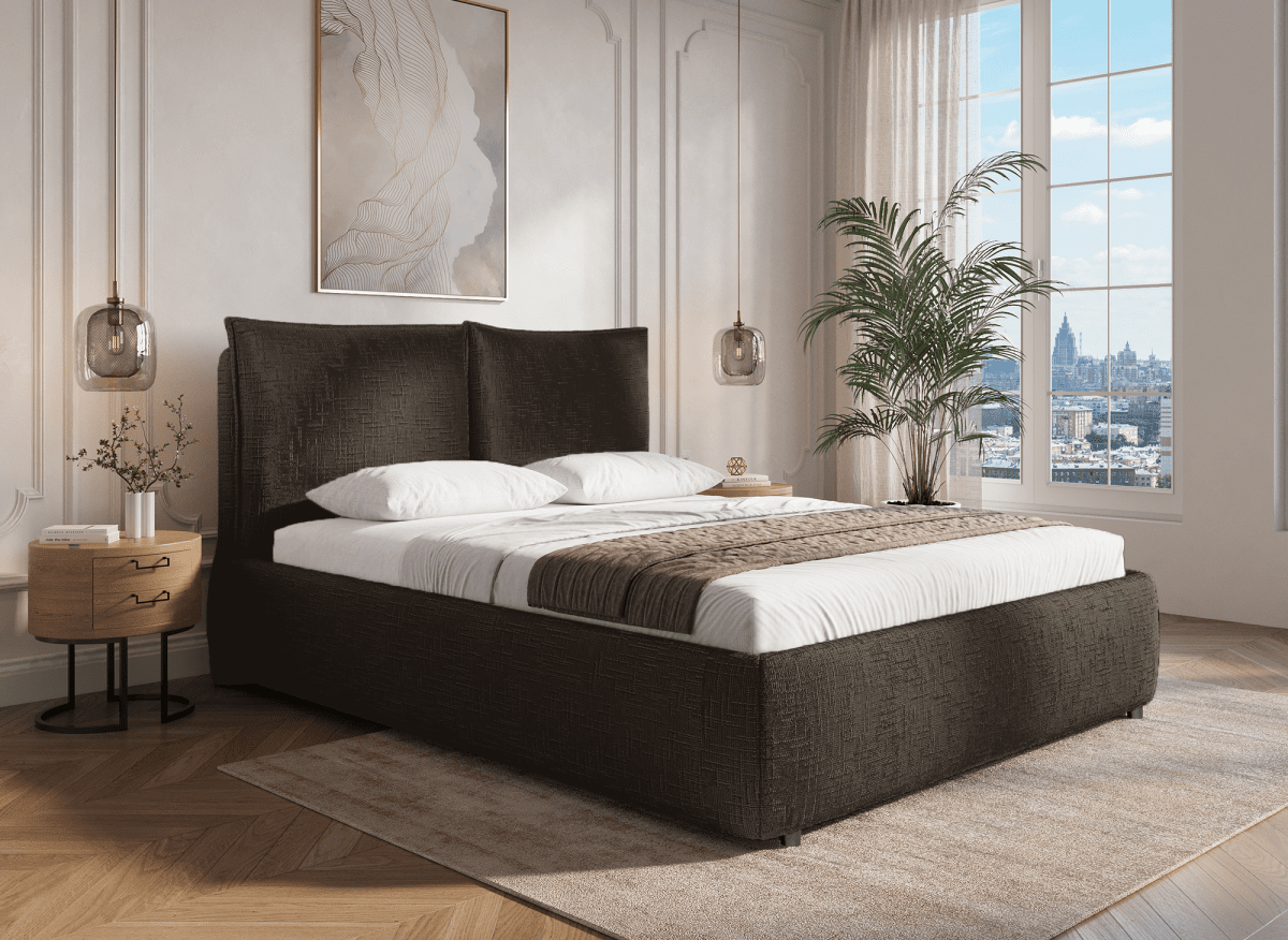 Lit coffre en velours chiné marron 140x190 cm MELY - DécoInParis