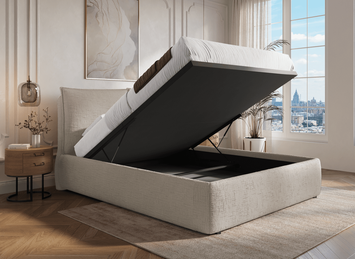 Lit coffre en velours chiné taupe 180x200 cm MELY - DécoInParis