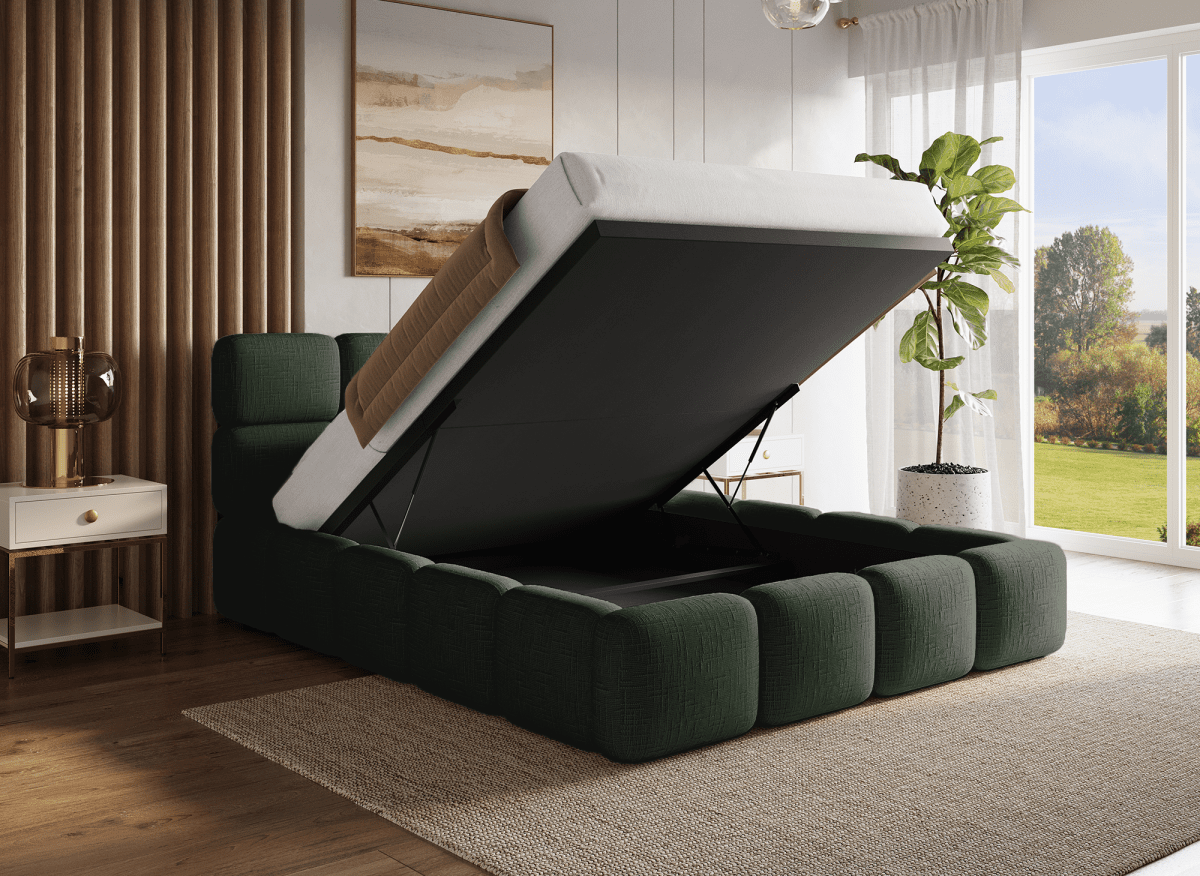 Lit coffre en velours chiné vert olive 140x190 cm BUBBLE - DécoInParis