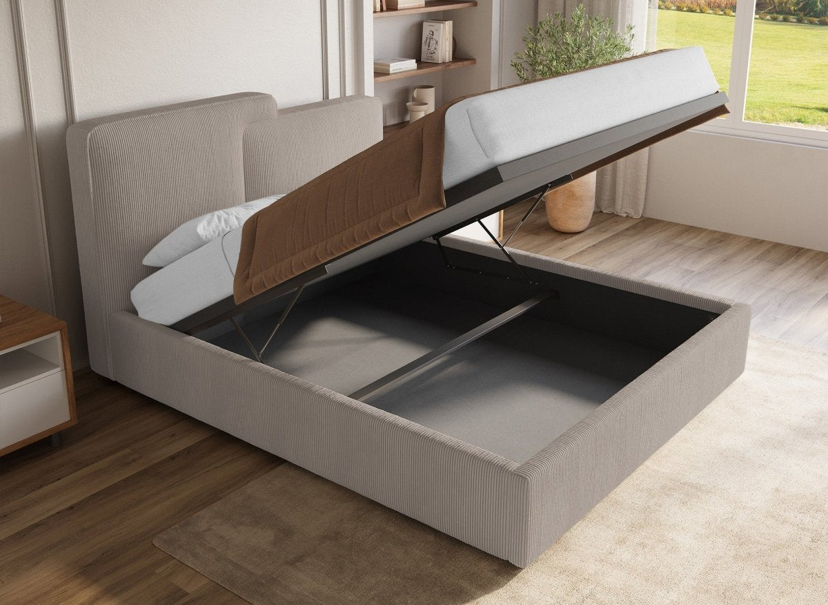Lit coffre en velours côtelé taupe 160x200 cm ZELIA - DécoInParis