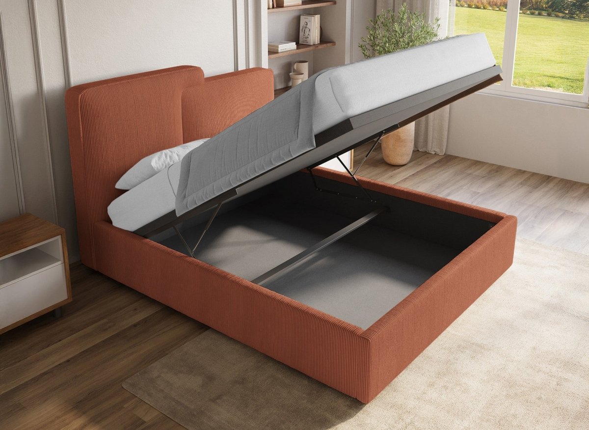 Lit coffre en velours côtelé terracotta 140x190 cm ZELIA - DécoInParis