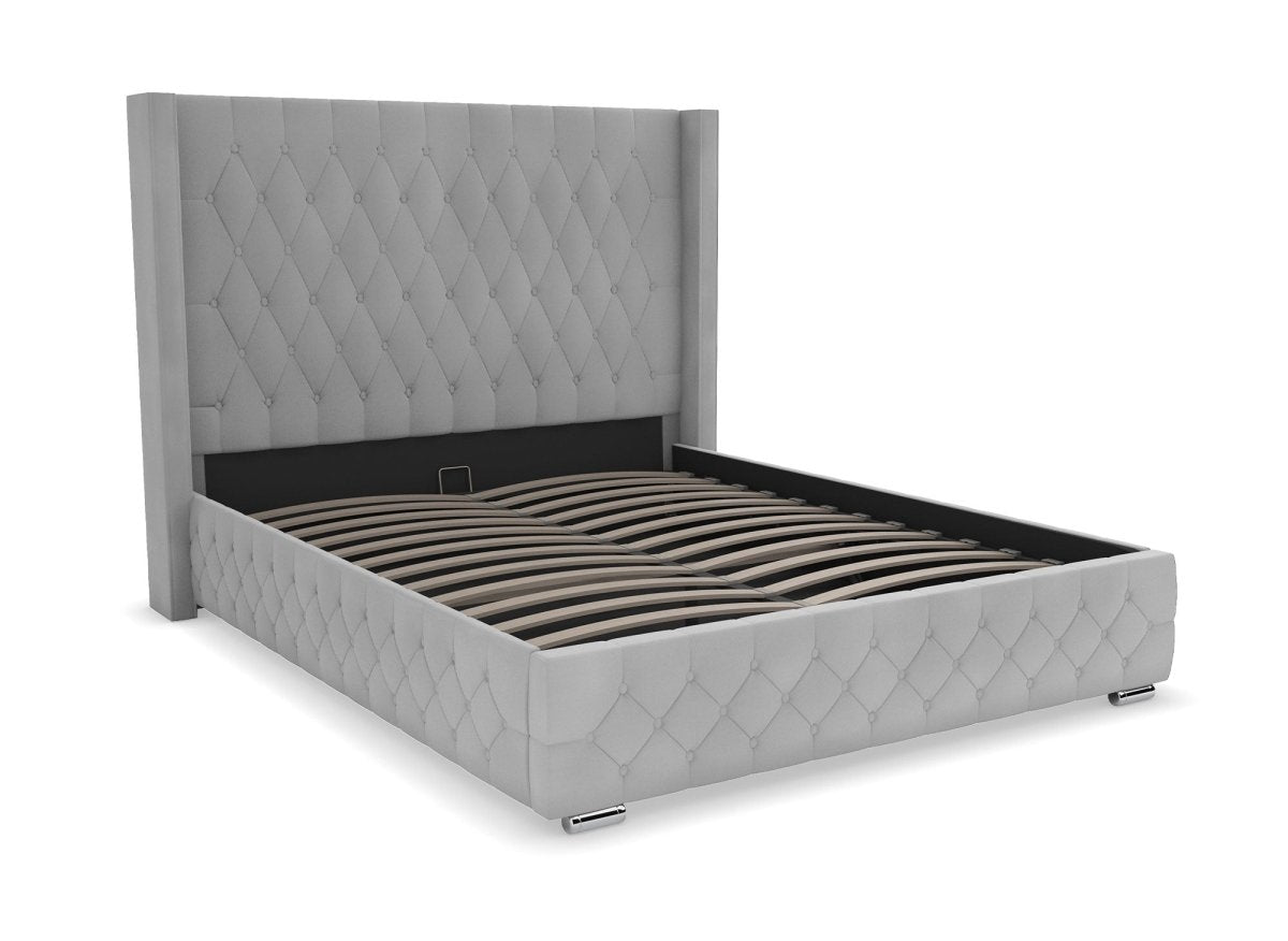 Lit coffre en velours gris 140X190 cm PERLA - DécoInParis