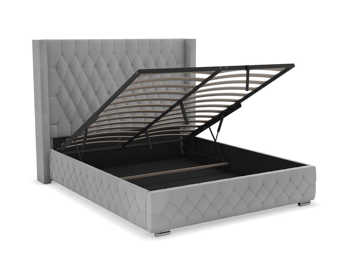 Lit coffre en velours gris 140X190 cm PERLA - DécoInParis