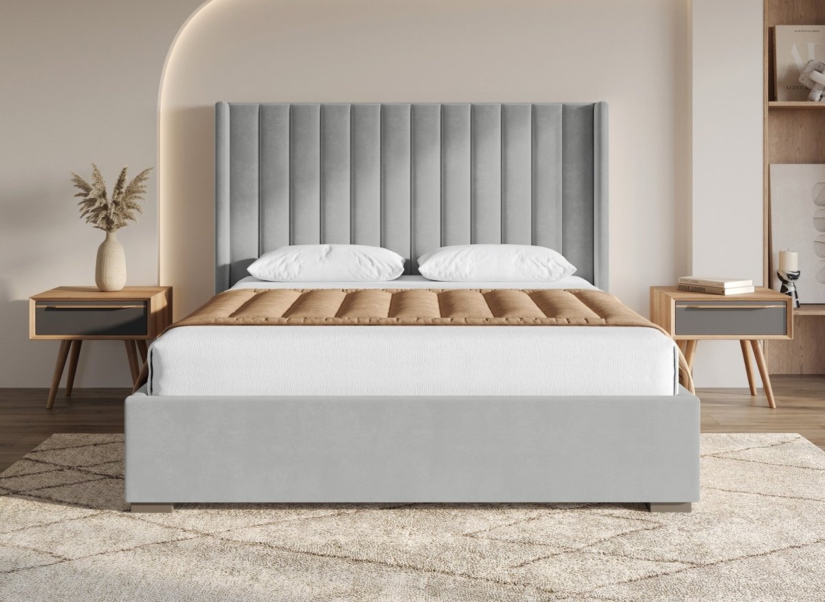 Lit coffre en velours gris 180x200 ALENA - DécoInParis