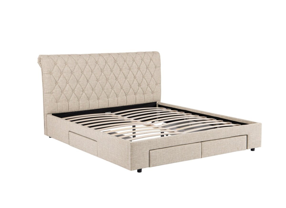 Lit double avec 4 tiroirs en lin beige 180x200 cm LEANDRE - DécoInParis