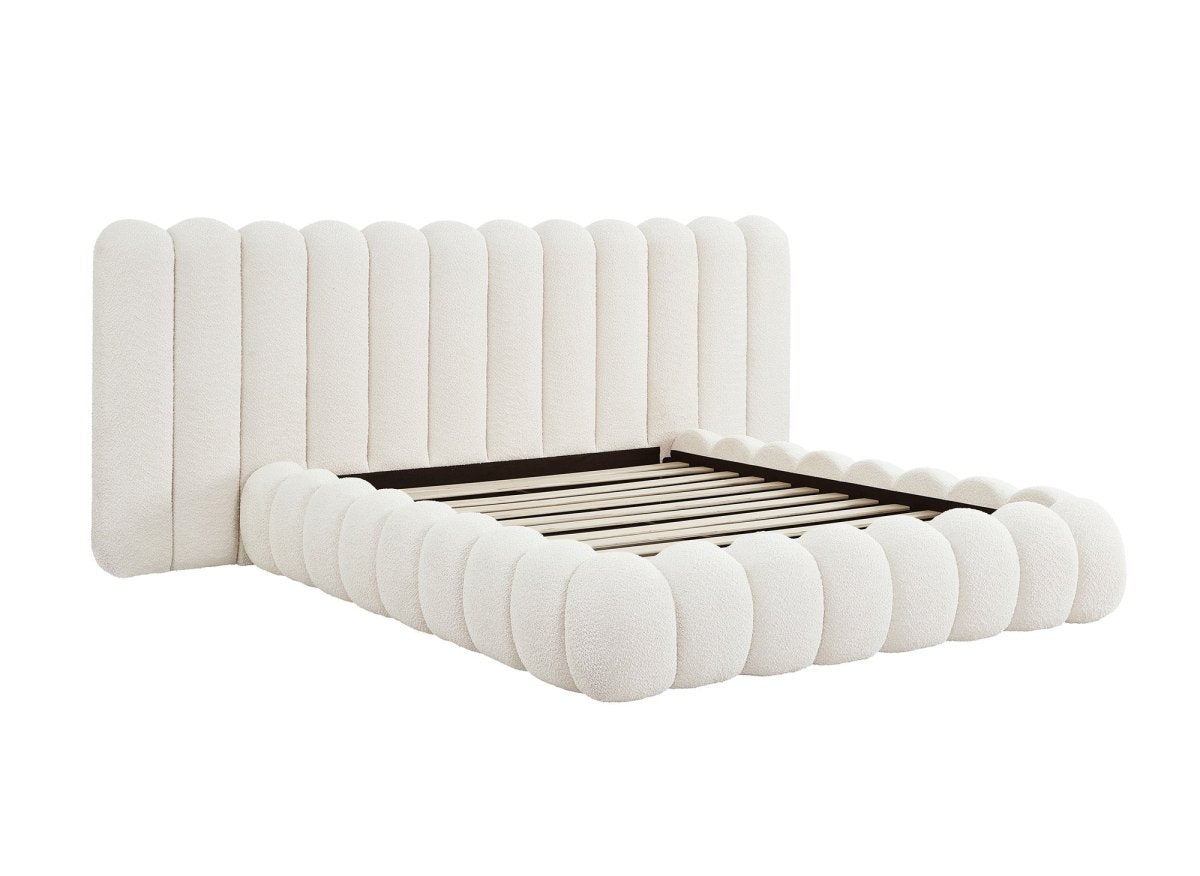 Lit double en tissu bouclette beige 160x200 cm GRETA - DécoInParis