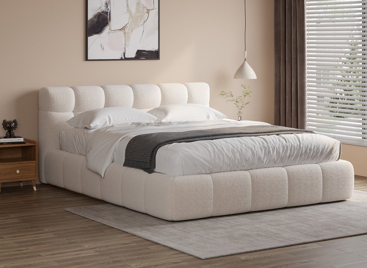 Lit double en tissu bouclette écru 140x190 cm GEORGINA - DécoInParis