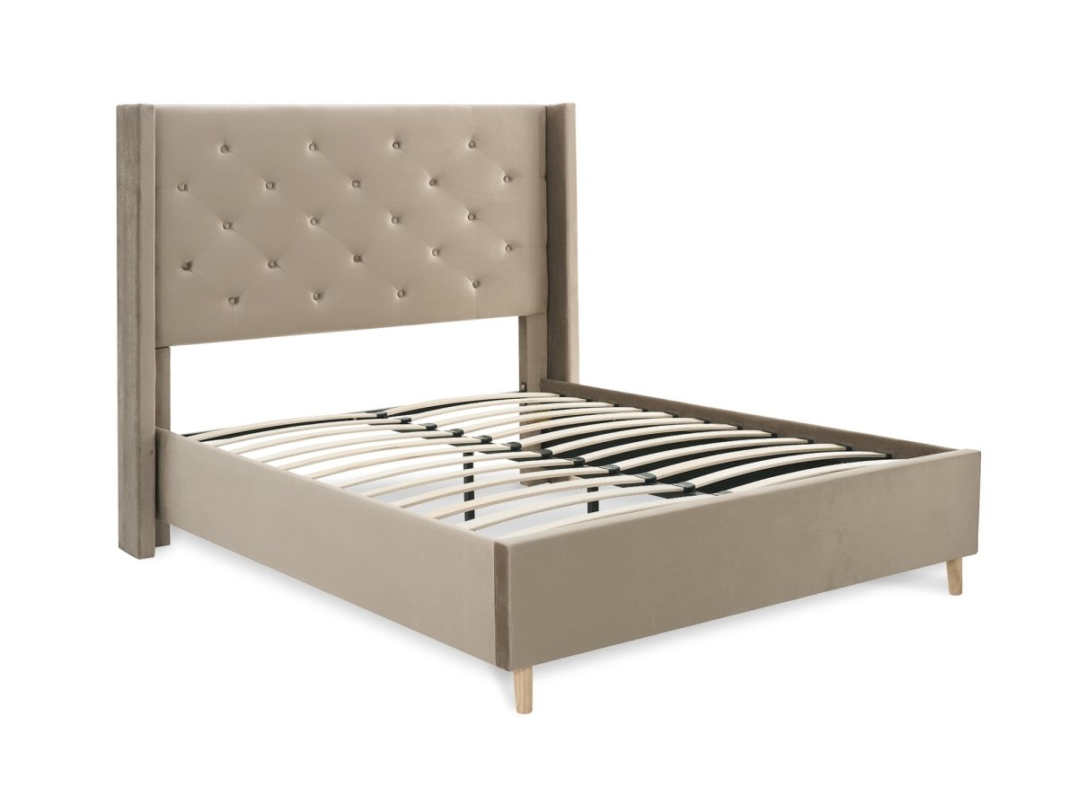 Lit double en velours capitonné en velours taupe MAREVA 160x200 cm - DécoInParis