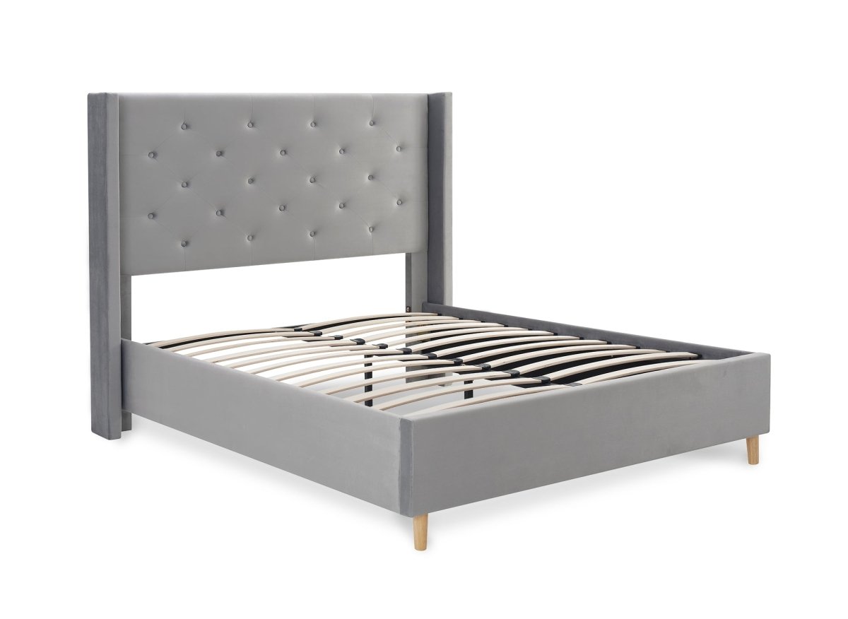 Lit double en velours capitonné gris MAREVA 140x190 cm - DécoInParis
