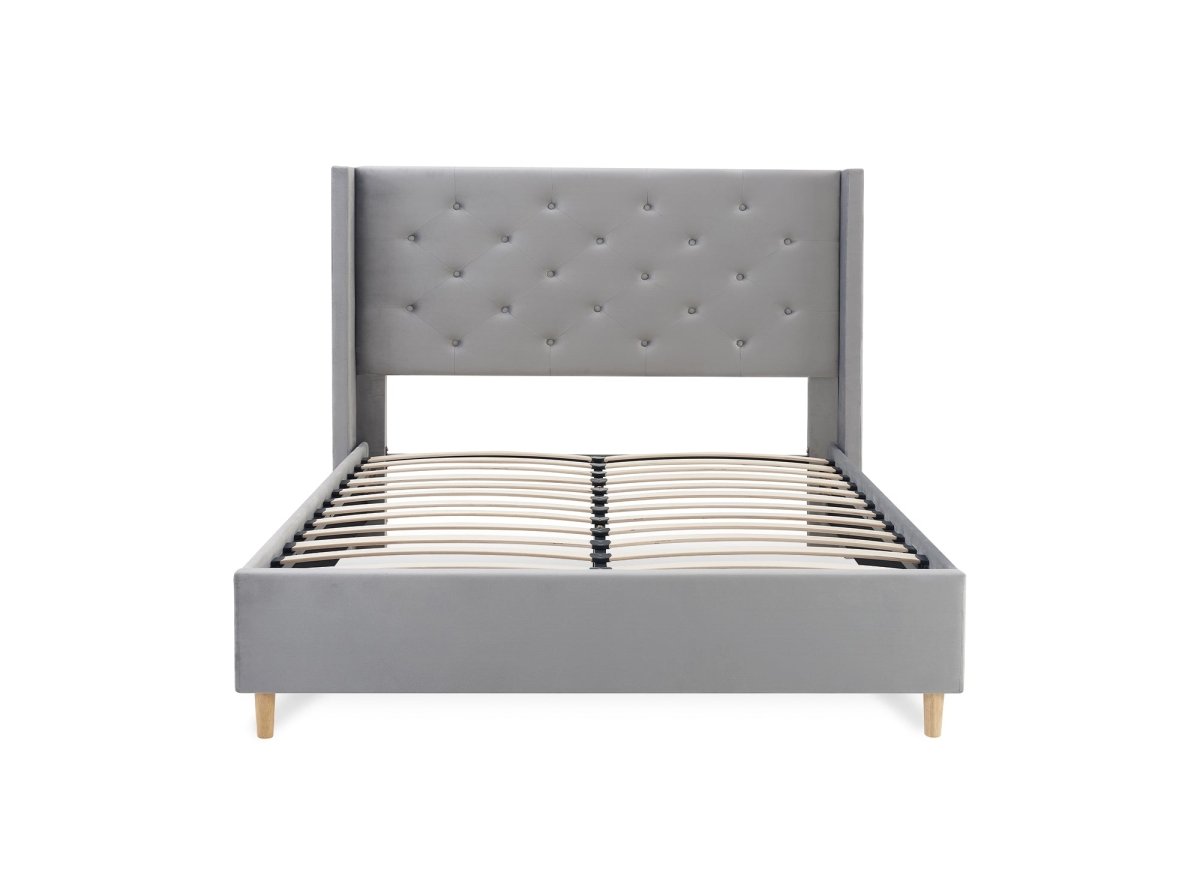 Lit double en velours capitonné gris MAREVA 140x190 cm - DécoInParis
