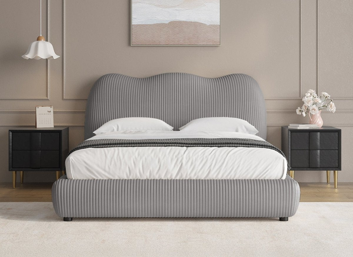 Lit double en velours côtelé épais gris 140x190cm SARA - DécoInParis