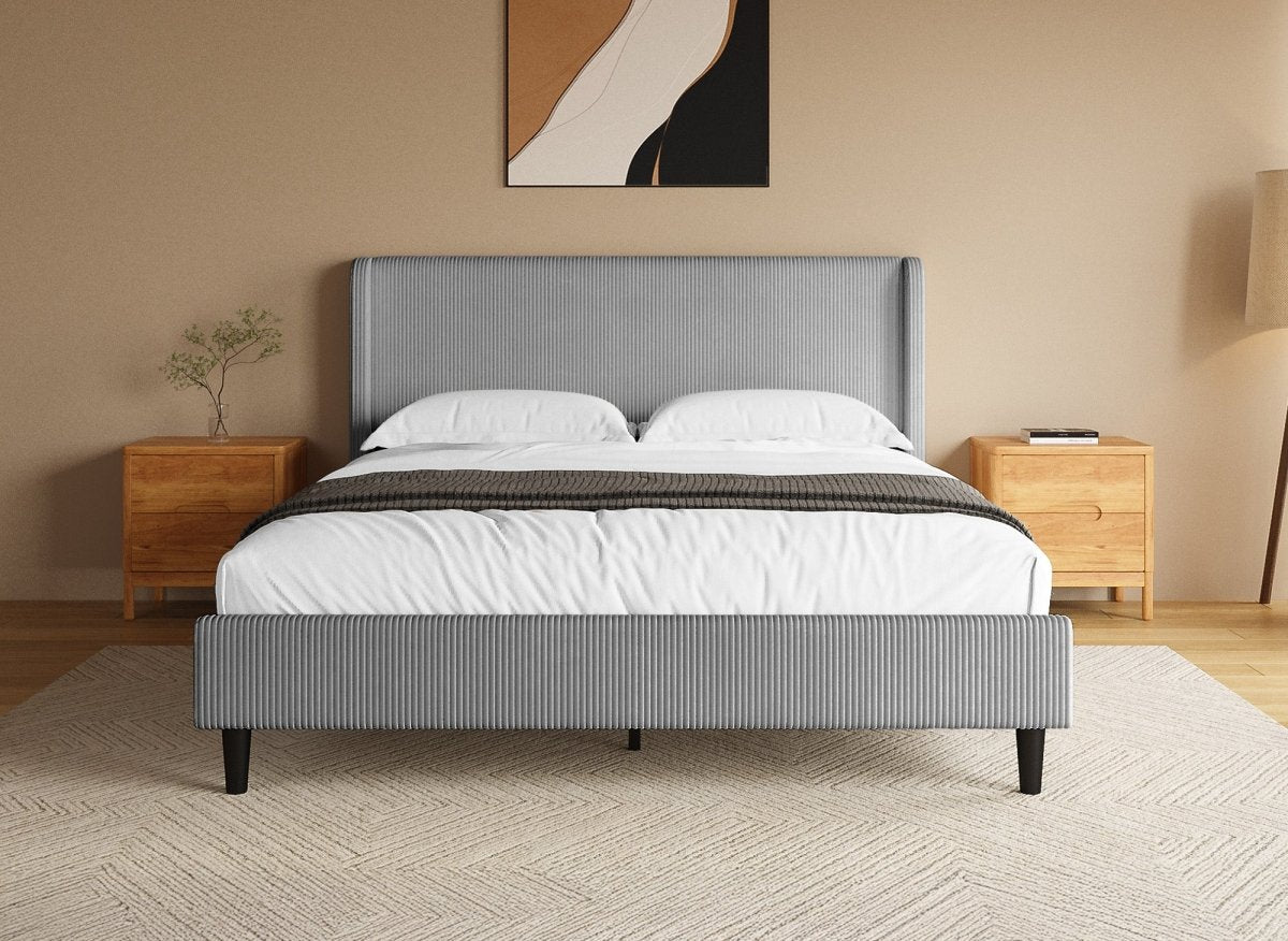 Lit double en velours côtelé épais gris clair 160x200cm LEVY - DécoInParis