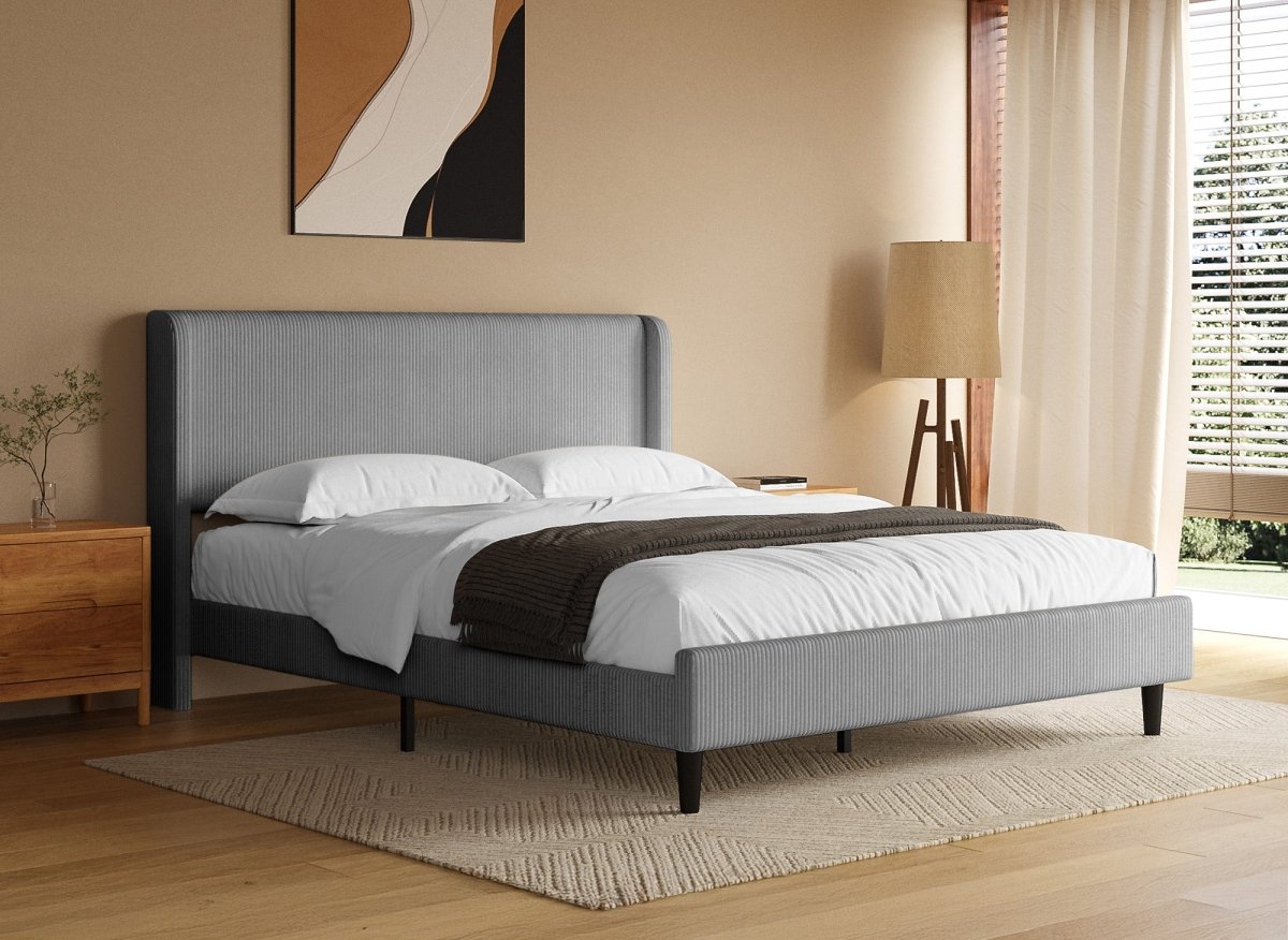 Lit double en velours côtelé épais gris clair 160x200cm LEVY - DécoInParis