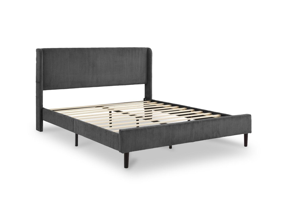 Lit double en velours côtelé épais gris foncé 140x190cm LEVY - DécoInParis