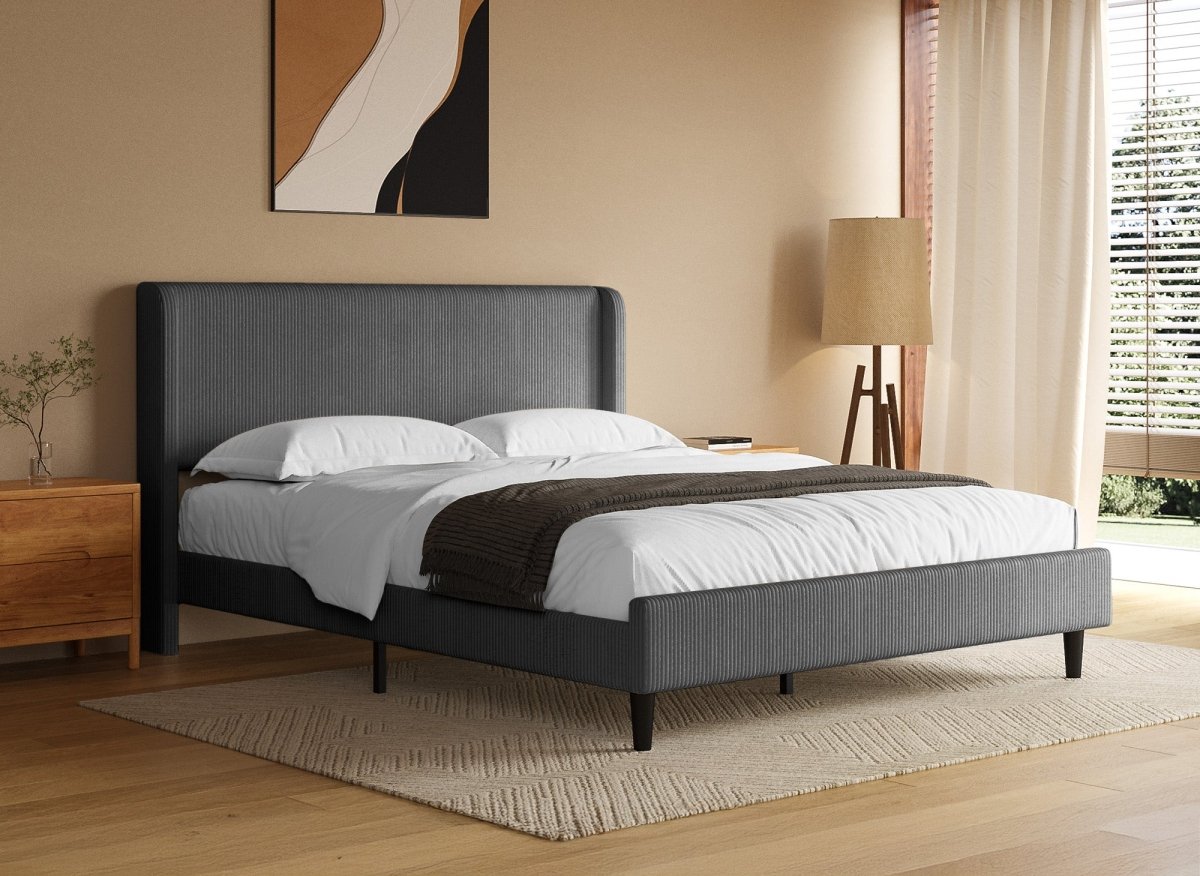 Lit double en velours côtelé épais gris foncé 160x200cm LEVY - DécoInParis