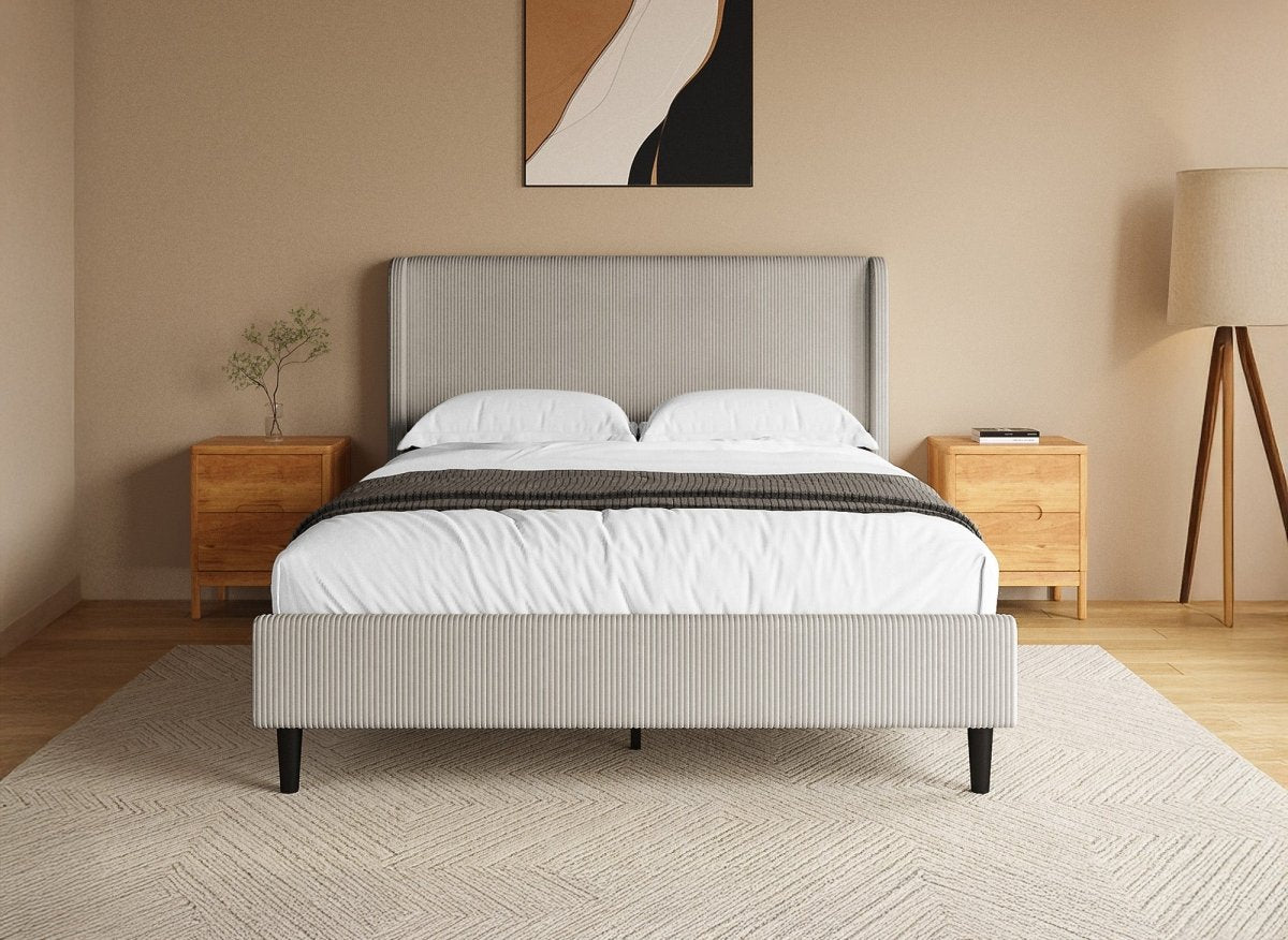 Lit double en velours côtelé épais taupe 140x190cm LEVY - DécoInParis