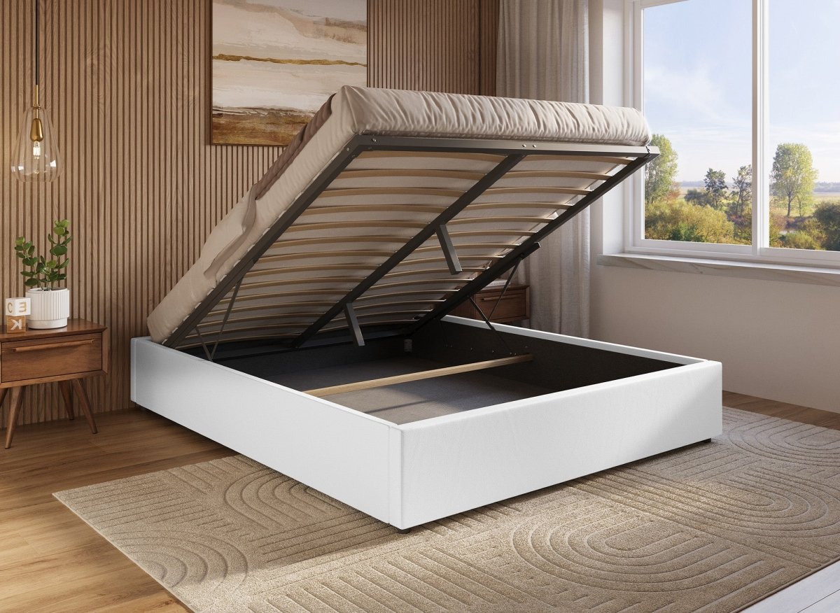 Lit sommier relevable avec coffre en simili cuir blanc 140x190 cm LIZBAN - DécoInParis