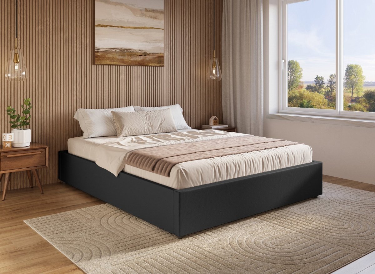Lit sommier relevable avec coffre en simili cuir noir 140x190 cm LIZBAN - DécoInParis