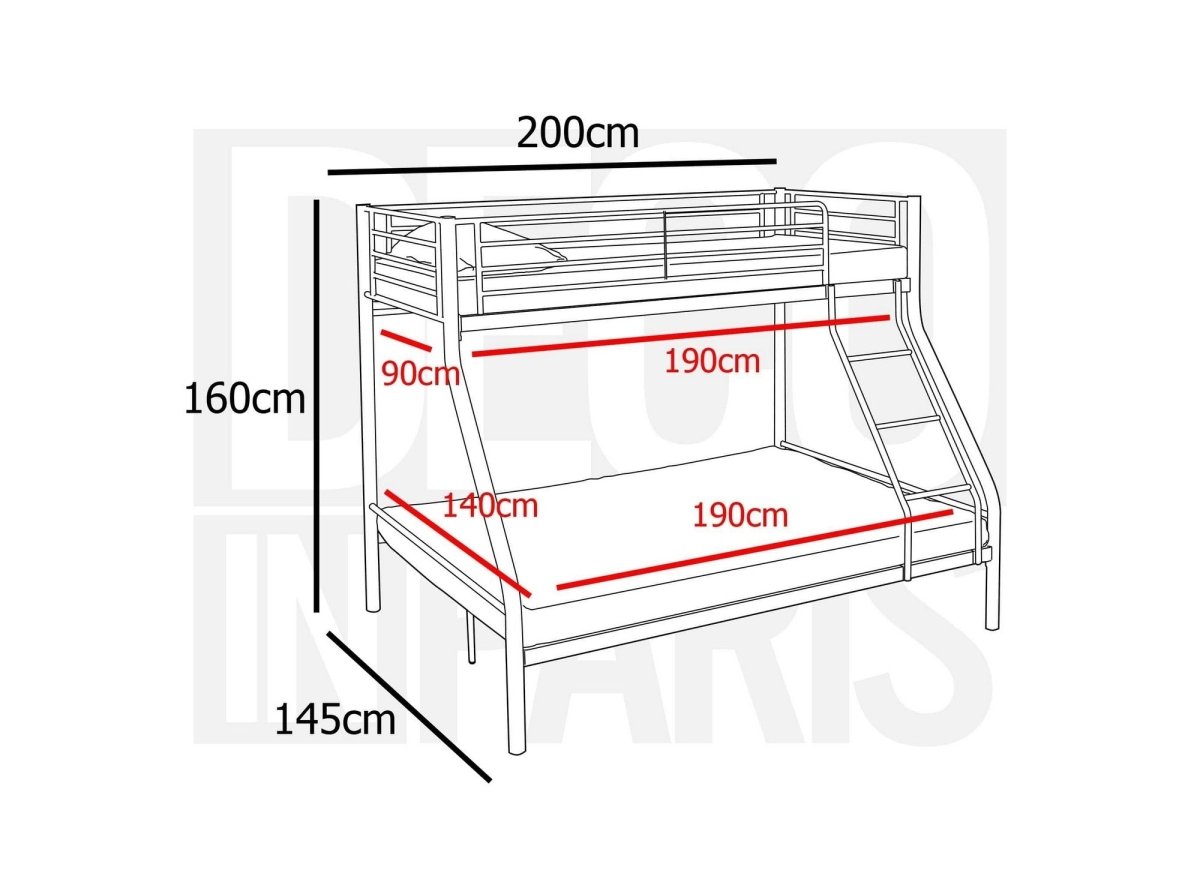 Lit superposé 3 places en métal noir 90 x 190 cm et 140 x 190 cm TRINITY - DécoInParis