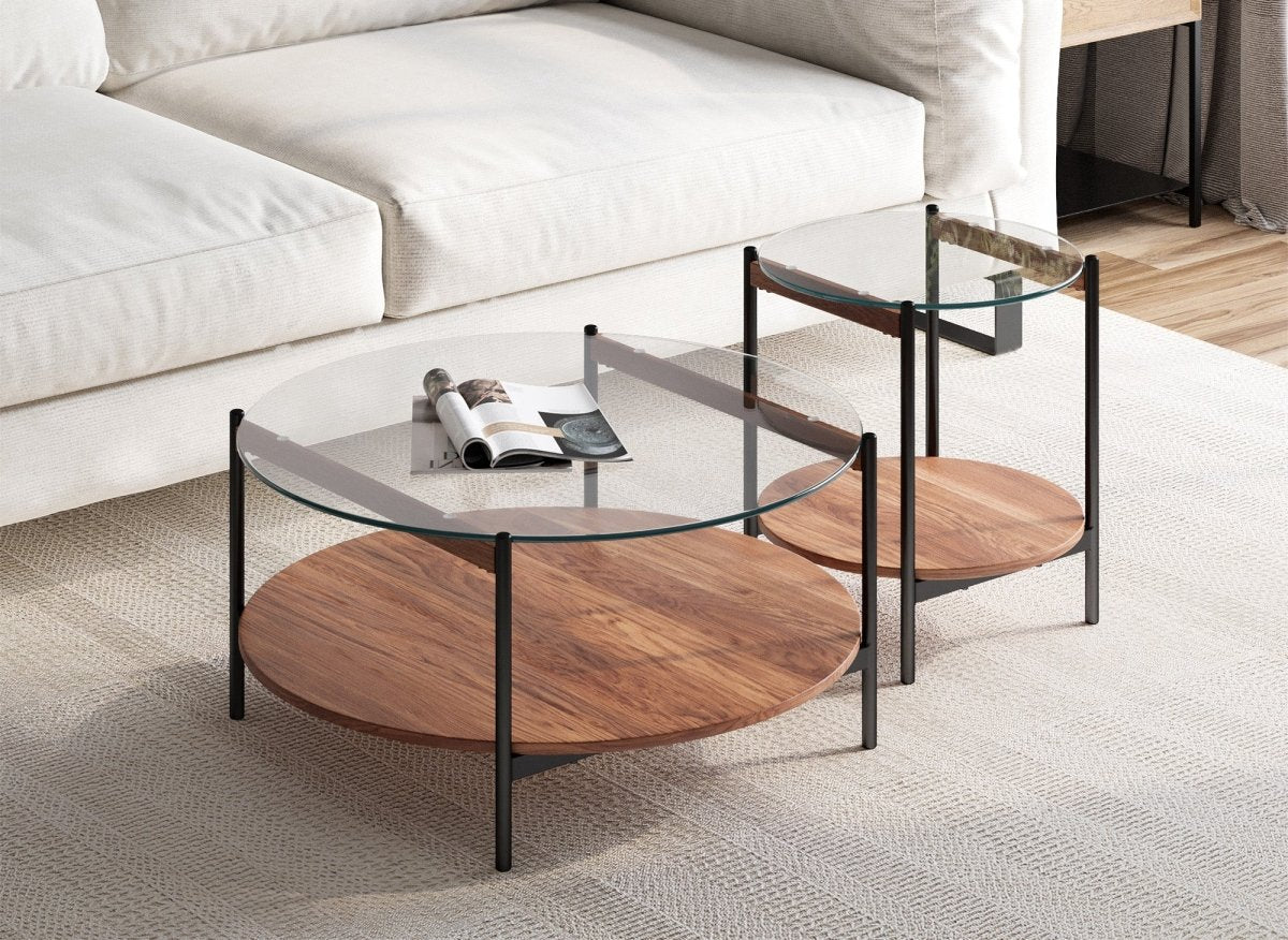 Lot de 2 tables basses rondes en verre bois et métal RIZZO - DécoInParis