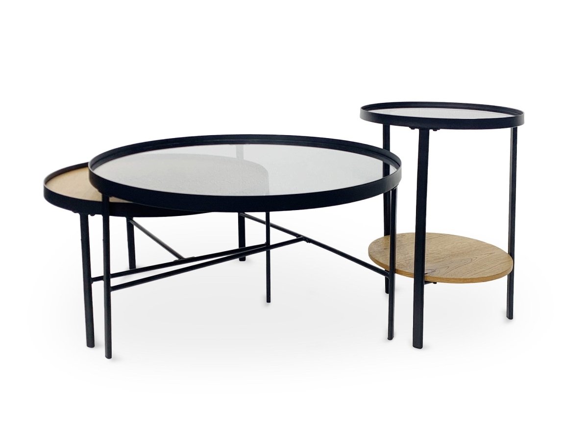 Lot de 3 tables basses rondes en bois et verre RIONA - DécoInParis