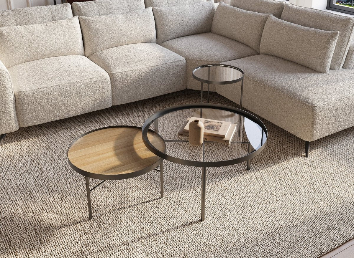 Lot de 3 tables basses rondes en bois et verre RIONA - DécoInParis