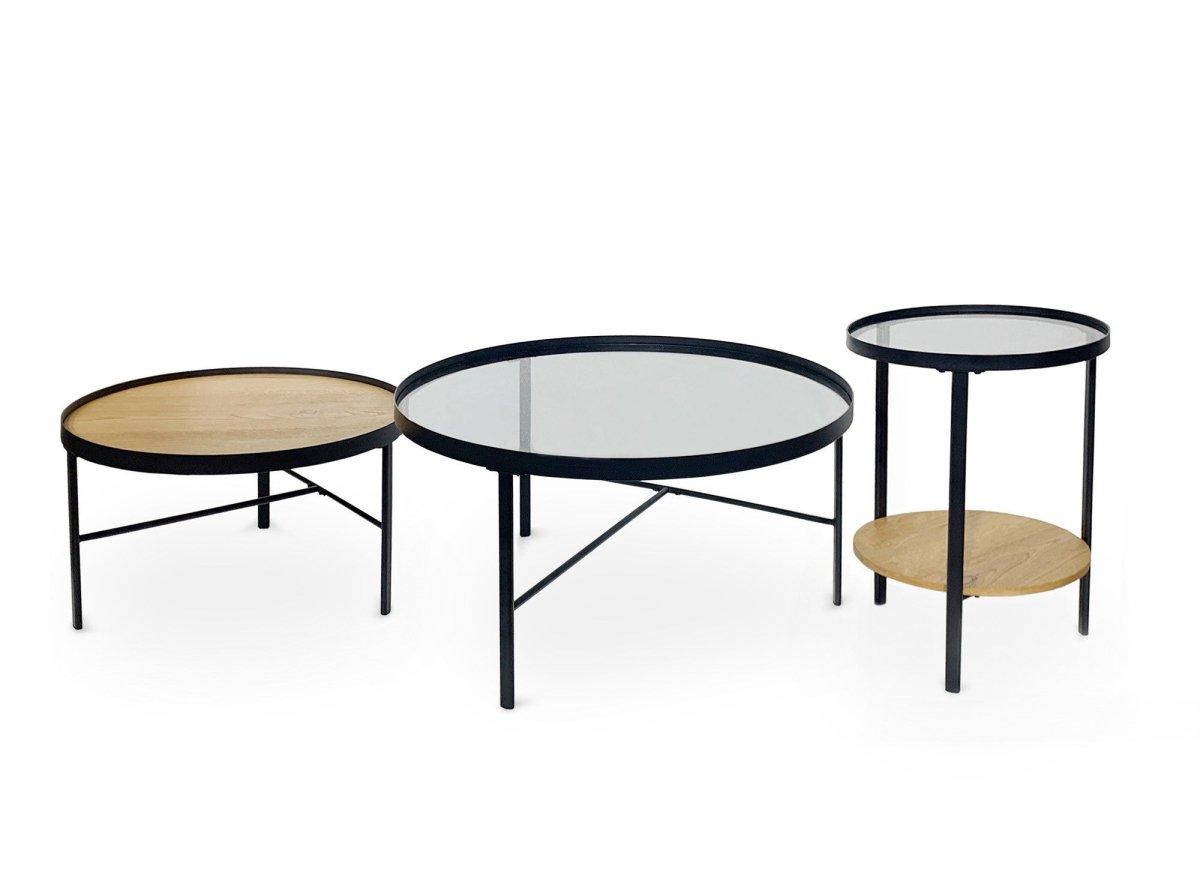 Lot de 3 tables basses rondes en bois et verre RIONA - DécoInParis