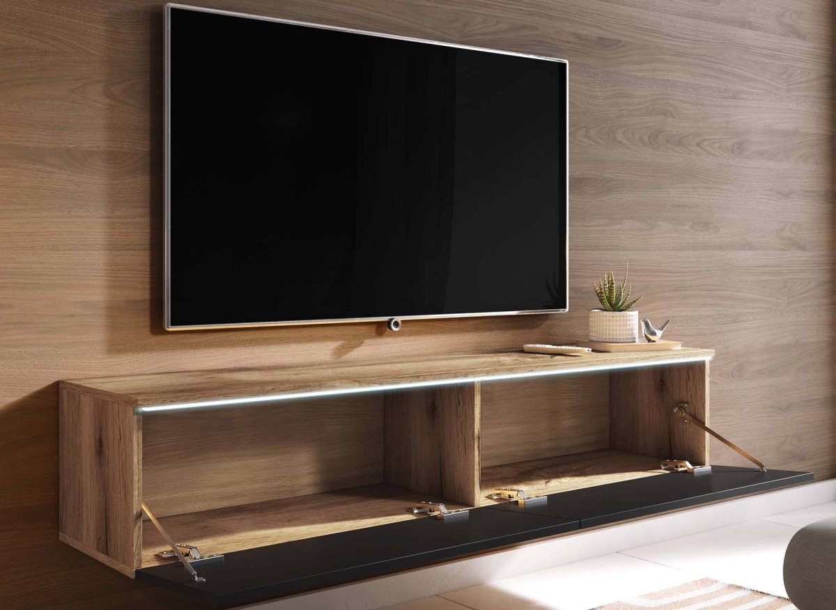 Meuble TV chêne vieilli et noir laqué avec LED 2 portes MALORIE - 140 cm - DécoInParis