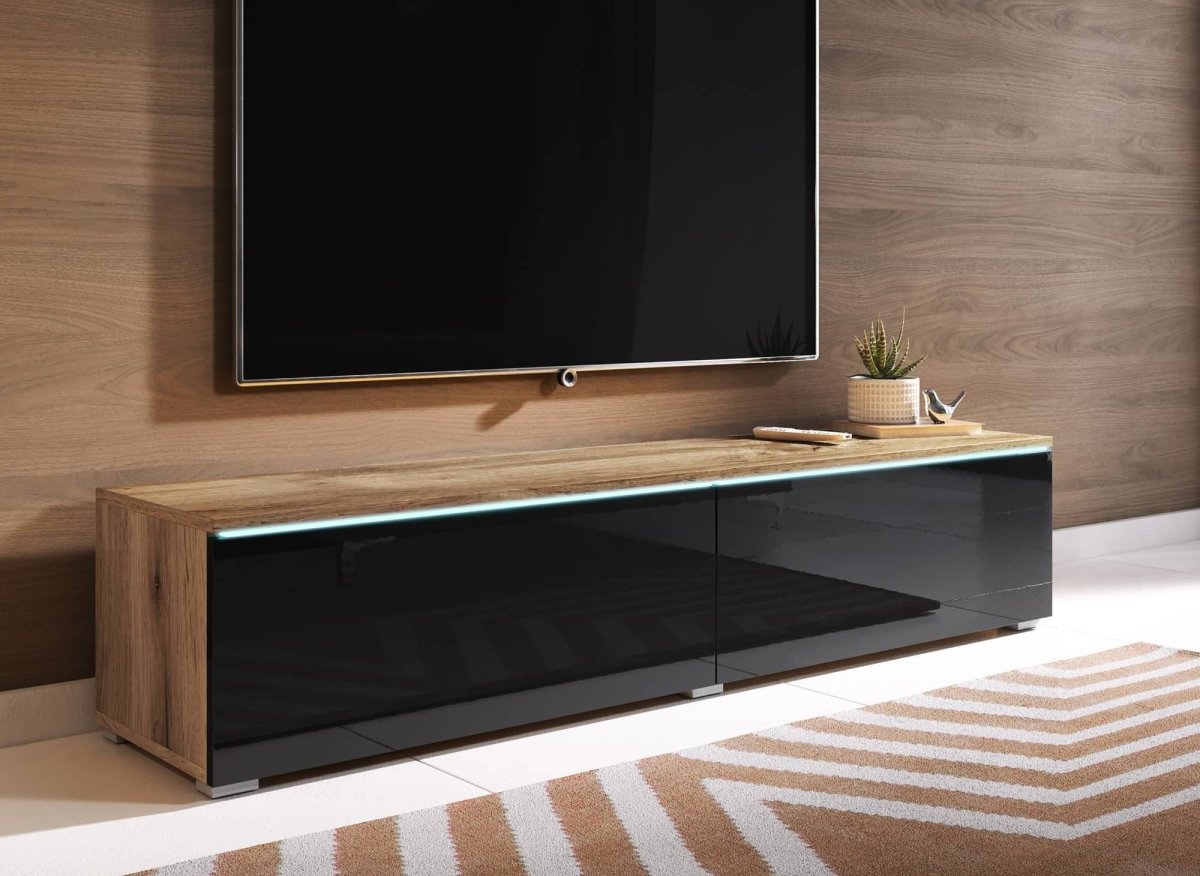 Meuble TV chêne vieilli et noir laqué avec LED 2 portes MALORIE - 180 cm - DécoInParis