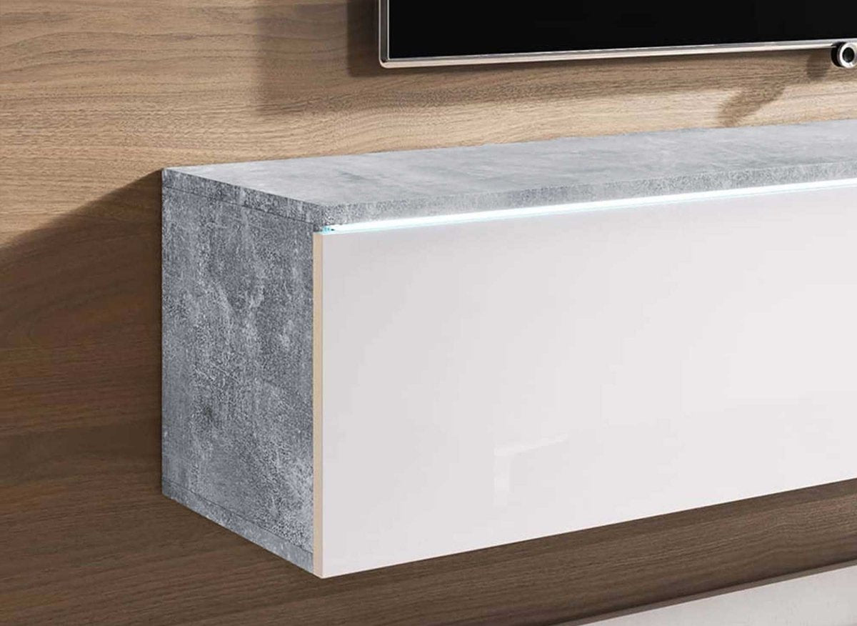 Meuble TV contemporain béton et laqué blanc avec LED 2 portes MALORIE - 140 cm - DécoInParis