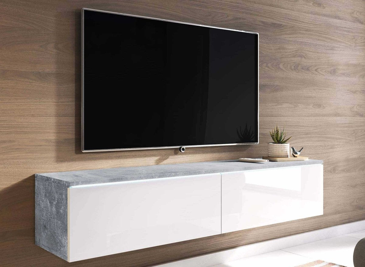 Meuble TV contemporain béton et laqué blanc avec LED 2 portes MALORIE - 140 cm - DécoInParis