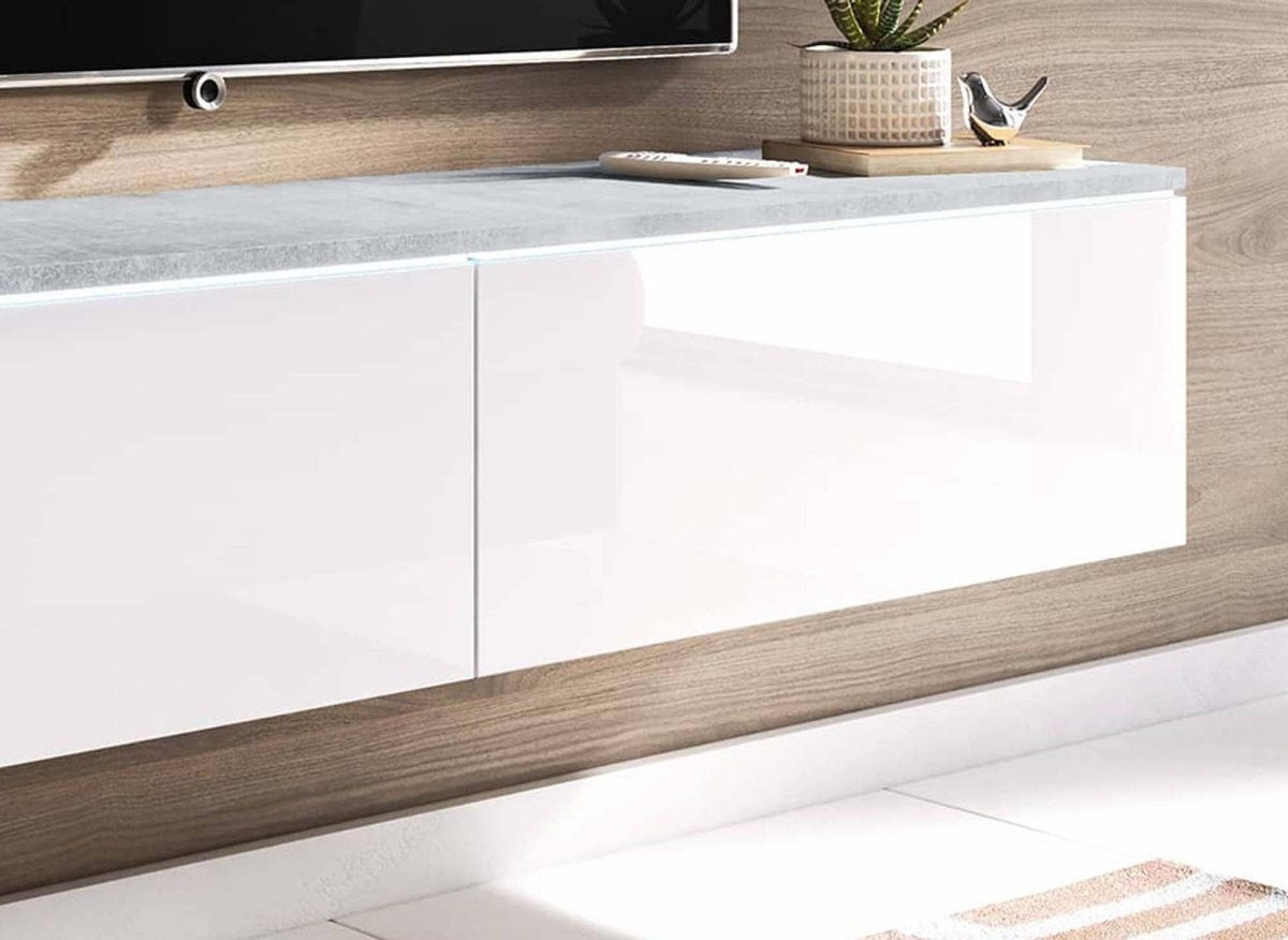 Meuble TV contemporain béton et laqué blanc avec LED 2 portes MALORIE - 140 cm - DécoInParis