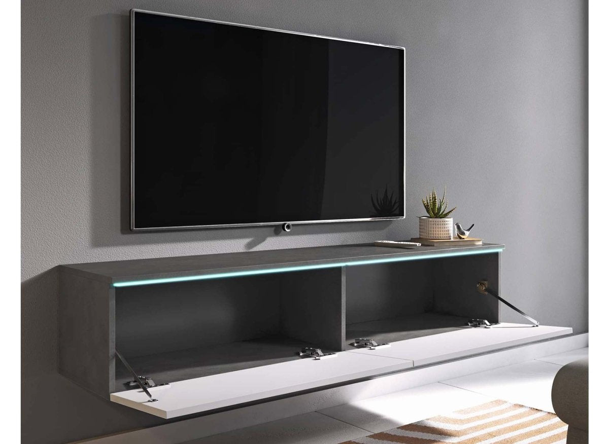 Meuble TV contemporain gris et blanc avec LED 2 portes MALORIE - 140 cm - DécoInParis