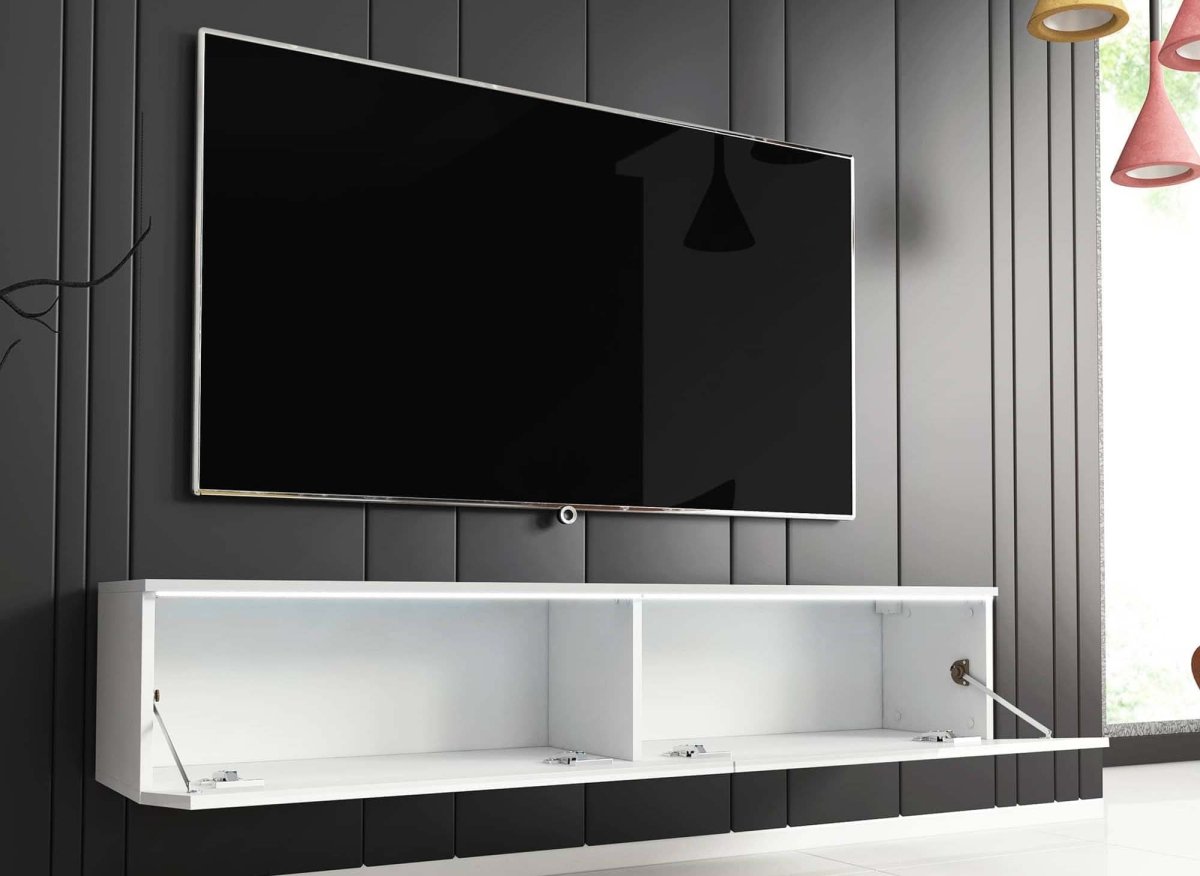 Meuble TV contemporain laqué blanc avec LED 2 portes MALORIE - 140 cm - DécoInParis