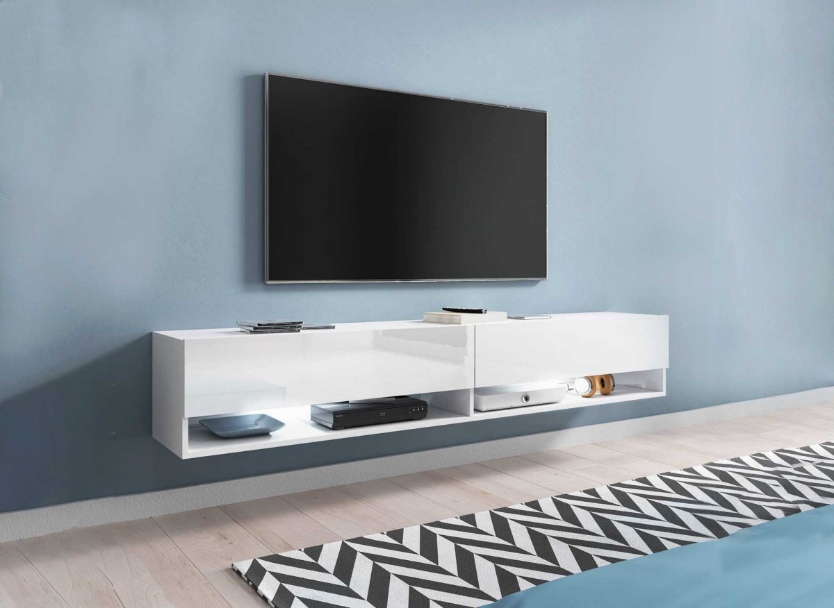 Meuble TV suspendu 2 portes 2 niches blanc ROMANE XXL - 180 cm - DécoInParis