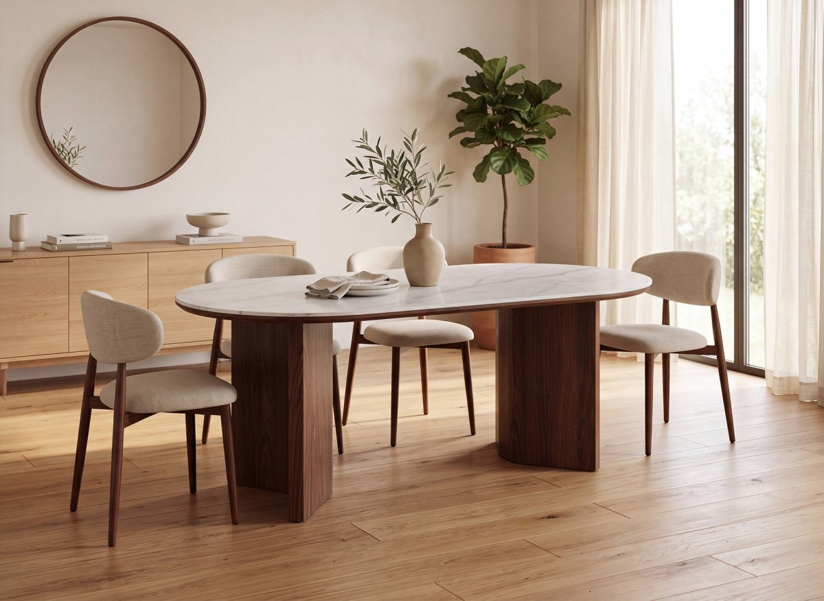 Table à manger céramique beige et bois noyer 6 personnes 160 cm AMANDINE - DécoInParis