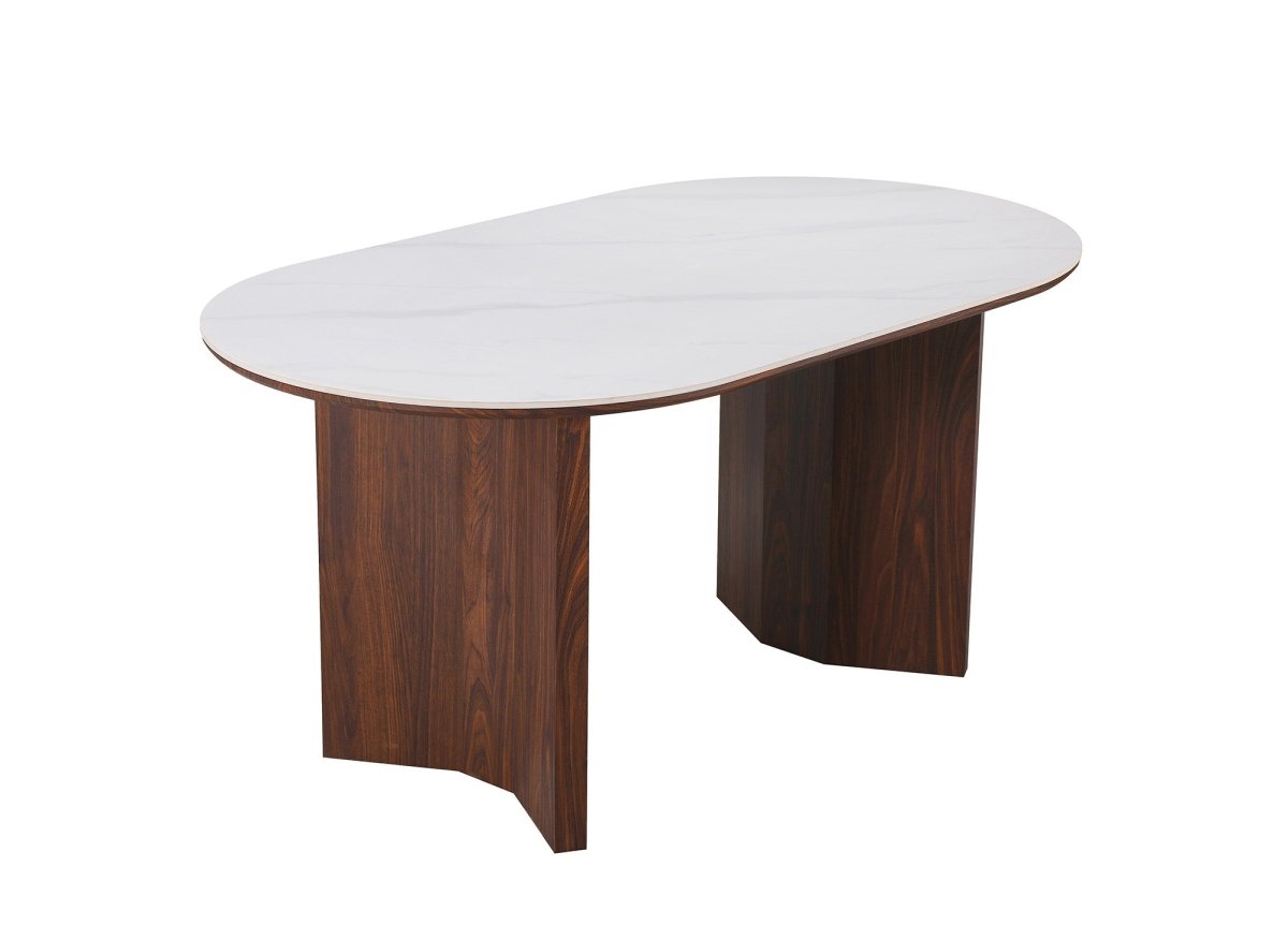 Table à manger céramique beige et bois noyer 6 personnes 160 cm AMANDINE - DécoInParis