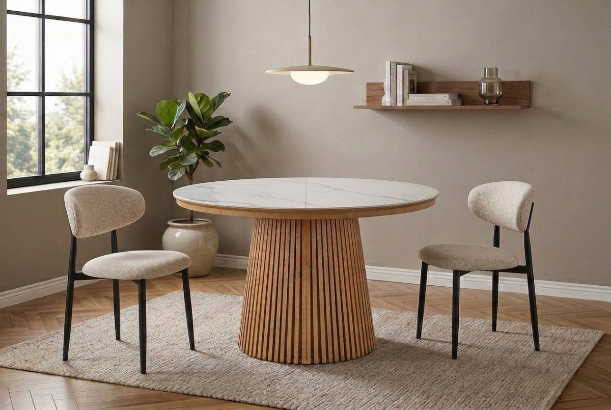 Table à manger ronde extensible en bois clair avec plateau en céramique blanc HEKA - DécoInParis
