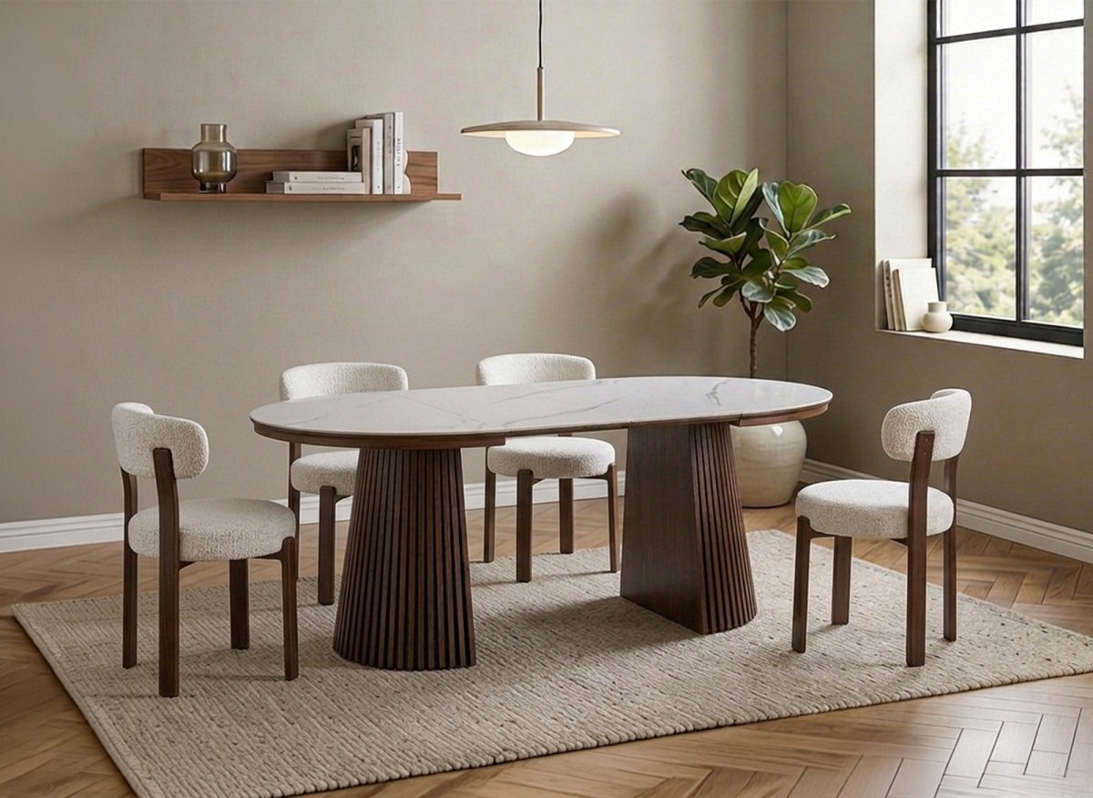 Table à manger ronde extensible en bois foncé avec plateau en céramique blanc HEKA - DécoInParis