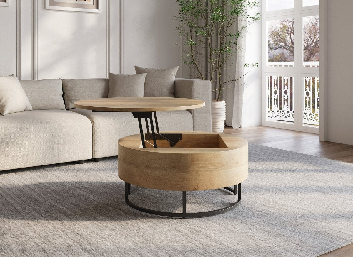 Table basse en bois avec plateau relevable et rangement pieds en métal noir BILLIE - DécoInParis