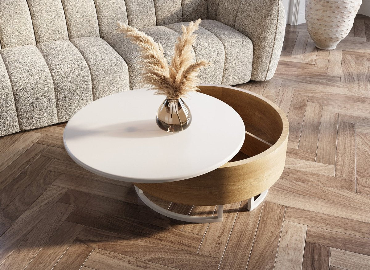 Table basse ronde avec plateau pivotant et rangement en bois et métal blanc BELYA - DécoInParis
