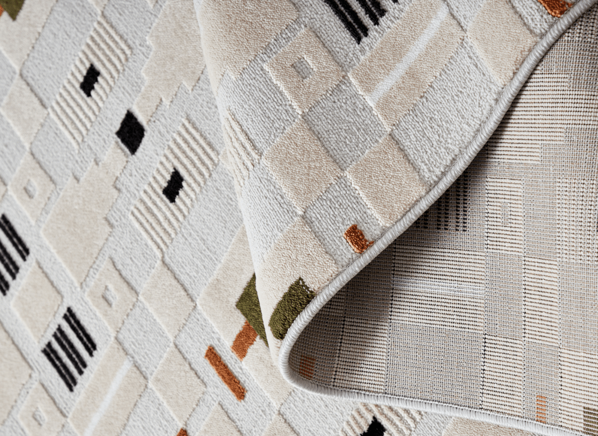 Tapis écru à motifs géométriques verts et orange 200 x 290 cm LOANE - DécoInParis