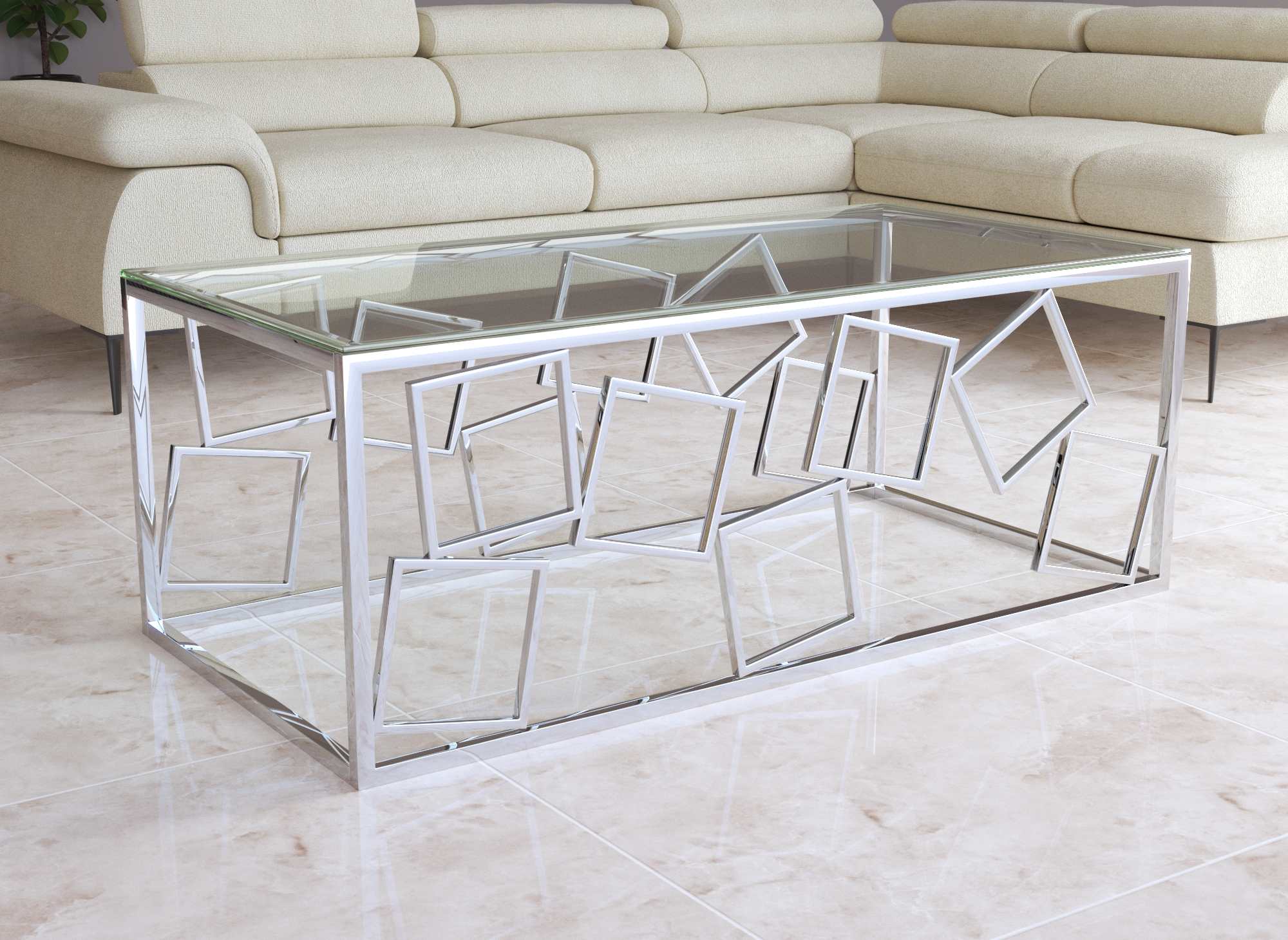 Table basse design en verre et métal argenté rectangulaire ARVI