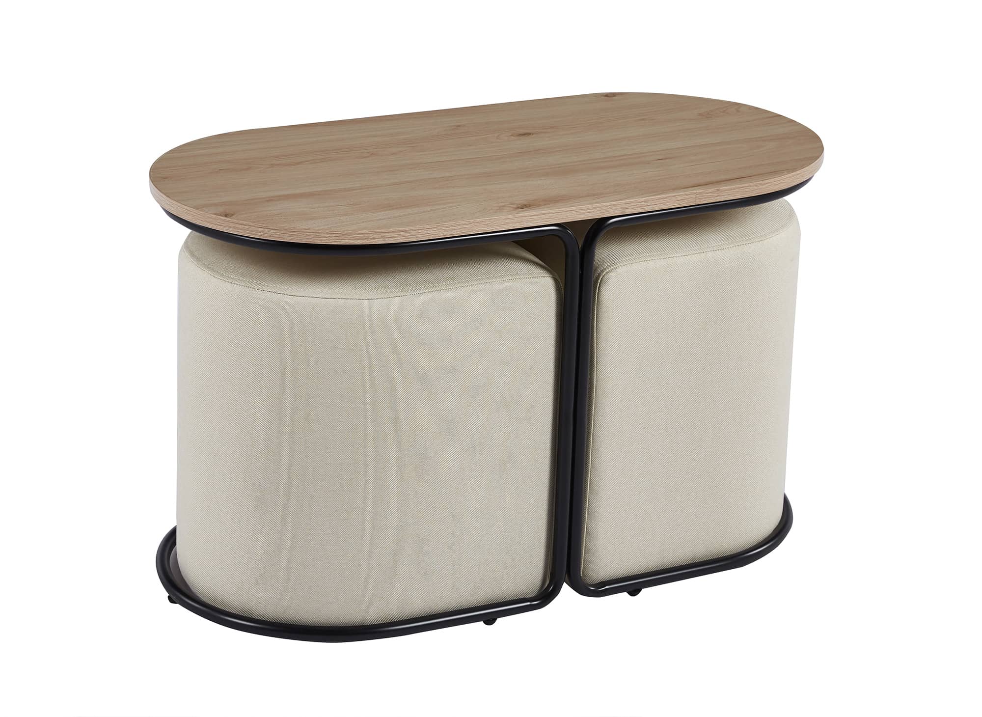 Ensemble table basse couleur bois avec 2 poufs en tissu beige JUDITH